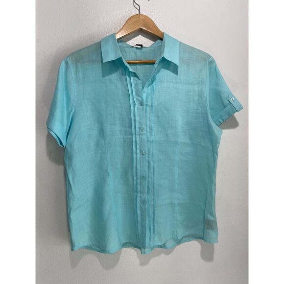August Silk 100% linen tunic shirt pleated front button up green women L New - Picture 1 of 5